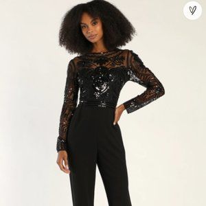 NWT LuLus Midnight Allure Black Sequin Beaded Wide-Leg Jumpsuit